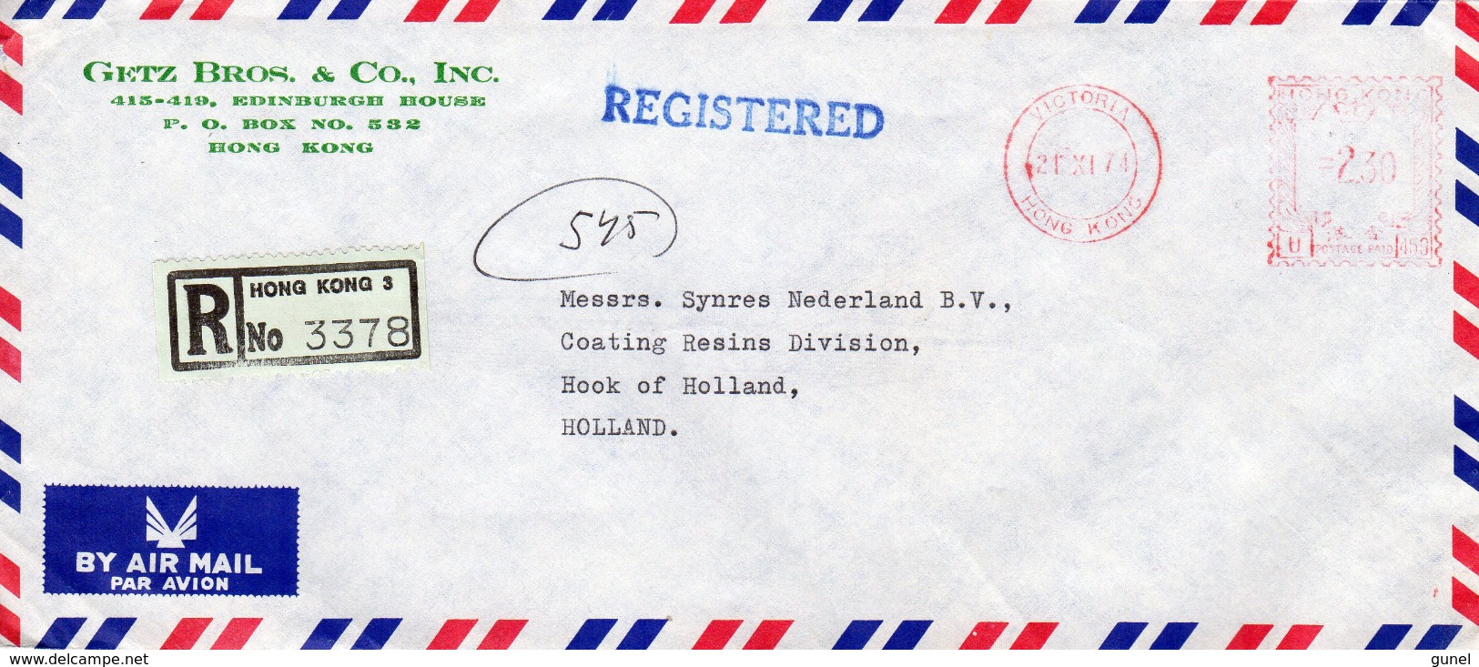 1974 Registered Airmail Envelope  From VICTORIA  HONG KONG 3  To HOOK OF HOLLAND - Andere & Zonder Classificatie