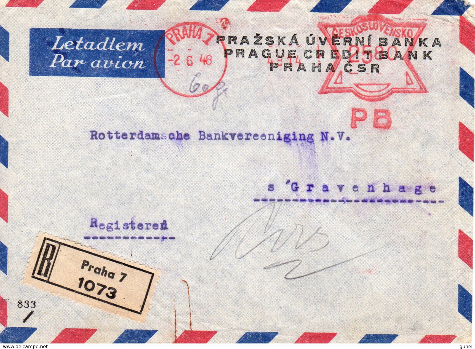 1948  Registered Airmail Envelope From PRAHA 7  To 'sGravenhage - Brieven En Documenten