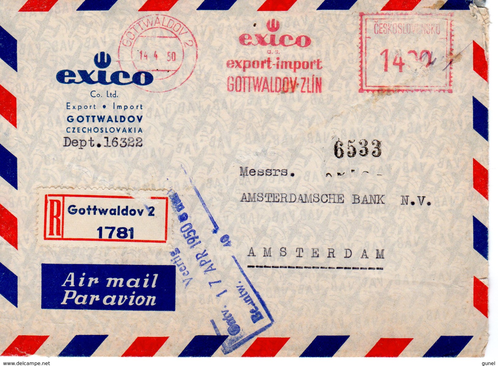 1950  Registered Airmail Envelope From GOTTWALDOV 2 To Amsterdam - Brieven En Documenten