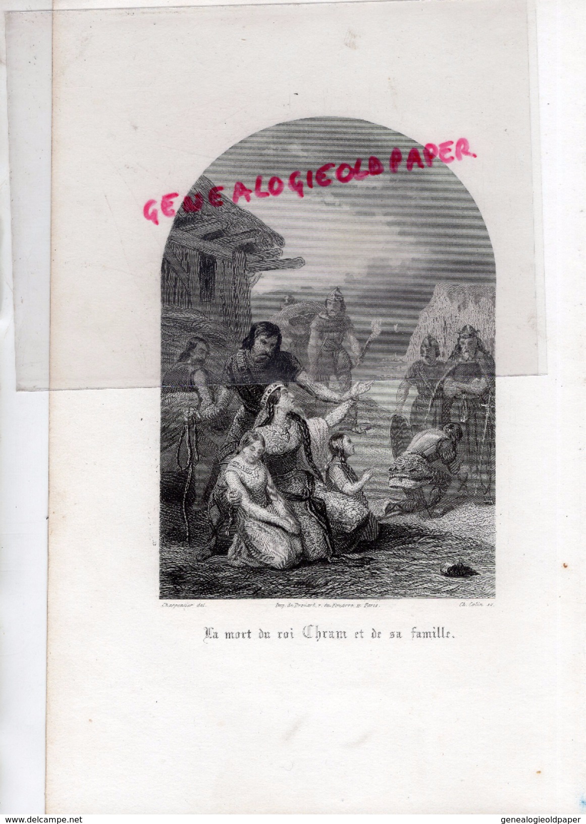 GRAVURE XIXE SIECLE- LA MORT DU ROI CHRAM " CORBEAU "  ET SA FAMILLE -FILS DE CLOTAIRE 1ER ET CHUNSIE- CHARPENTIER COLIN - Estampes & Gravures