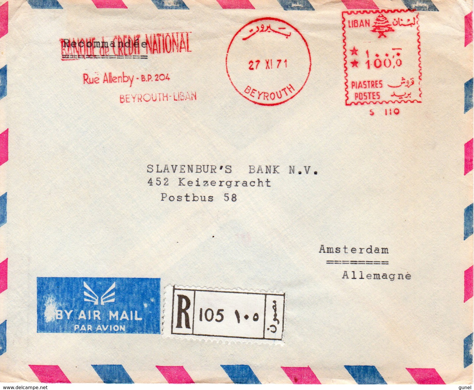 1971 Registered Airmail Envelope From BEYROUTH To Amsterdam - Libanon