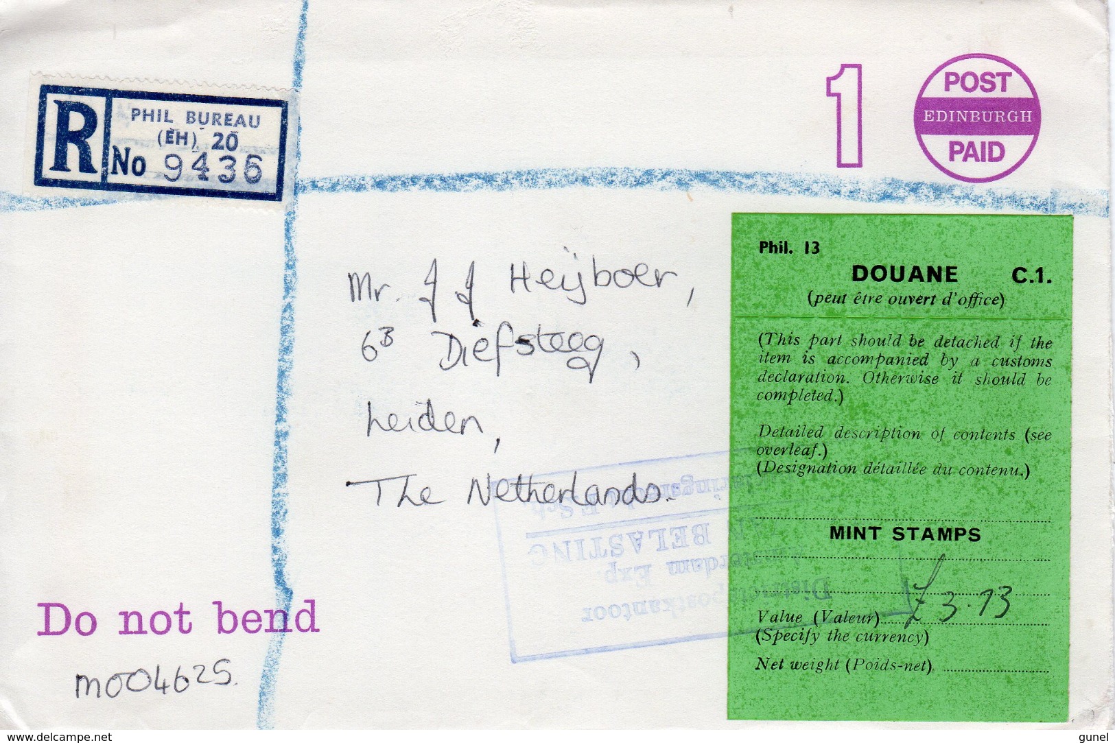 1976 Registered  Envelope From EDINBURGH Via DOUANE Naar Leiden - Postwaardestukken