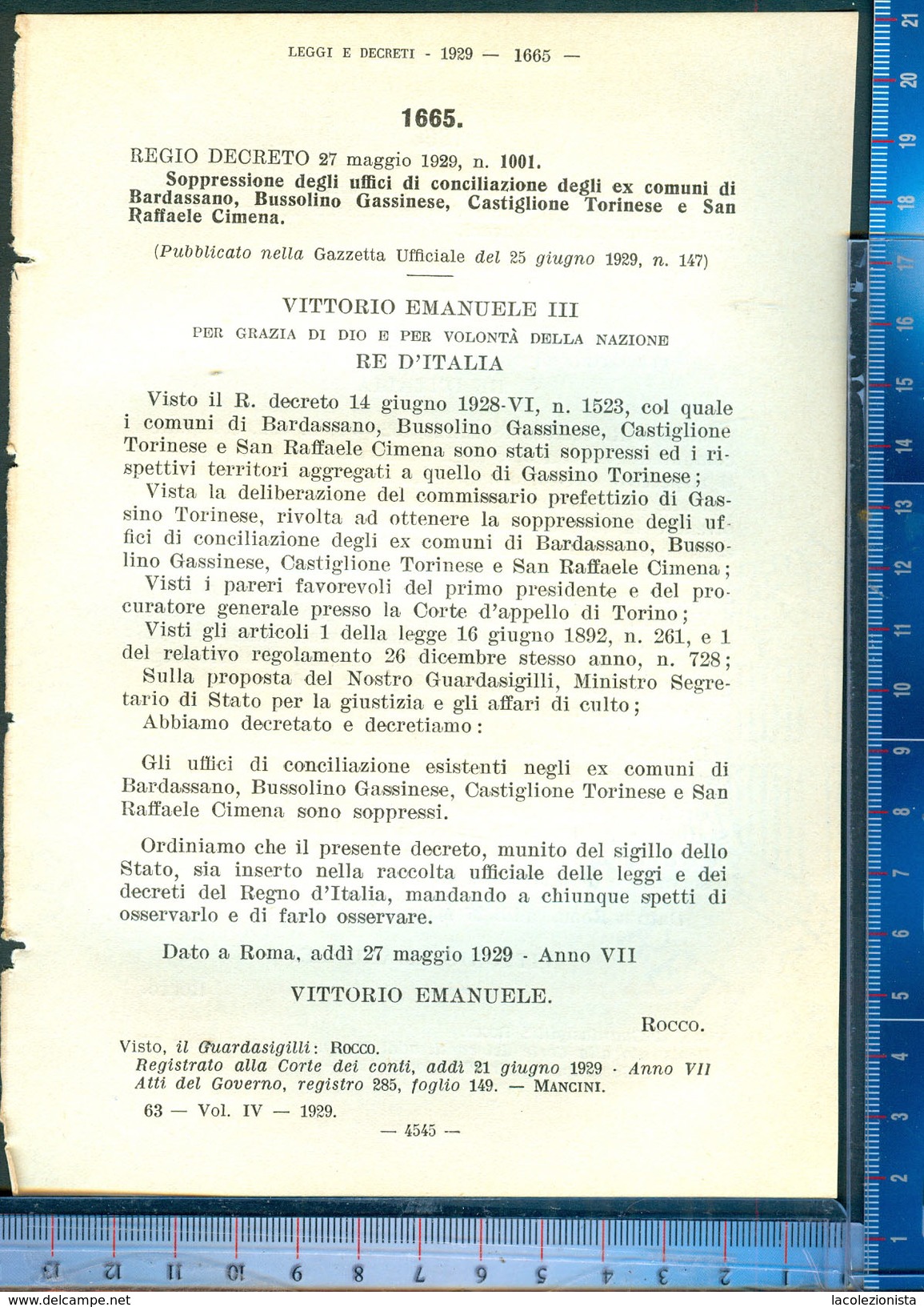 393D/57  REGIO DECRETO MAGGIO 1929 SOPPRESSIONE ... EX COMUNI BARDASSANO,BUSSOLINO GASSINESE CASTIGLIONE TORINESE CIMENA - Decreti & Leggi