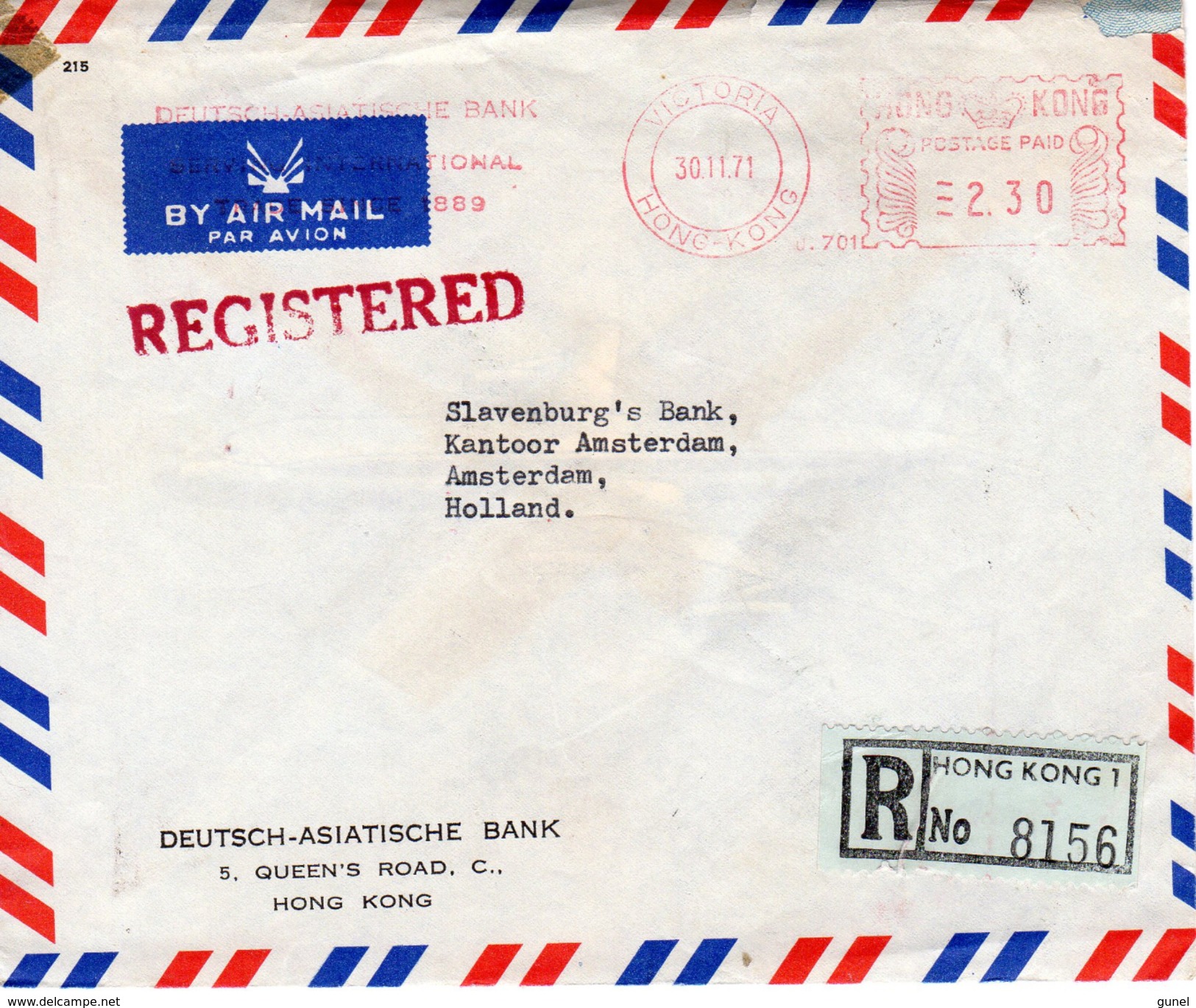 1971 Registered Airmail Envelope From HONG KONG 1 To Amsterdam - Andere & Zonder Classificatie