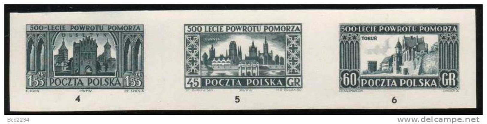 POLAND 1954 POMERANIA SLANIA STRIP OF  3 BLACK PROOFS NHM NO GUM Olsztyn Gdnask Torun Architecture Churches Cathedrals - Essais & Réimpressions