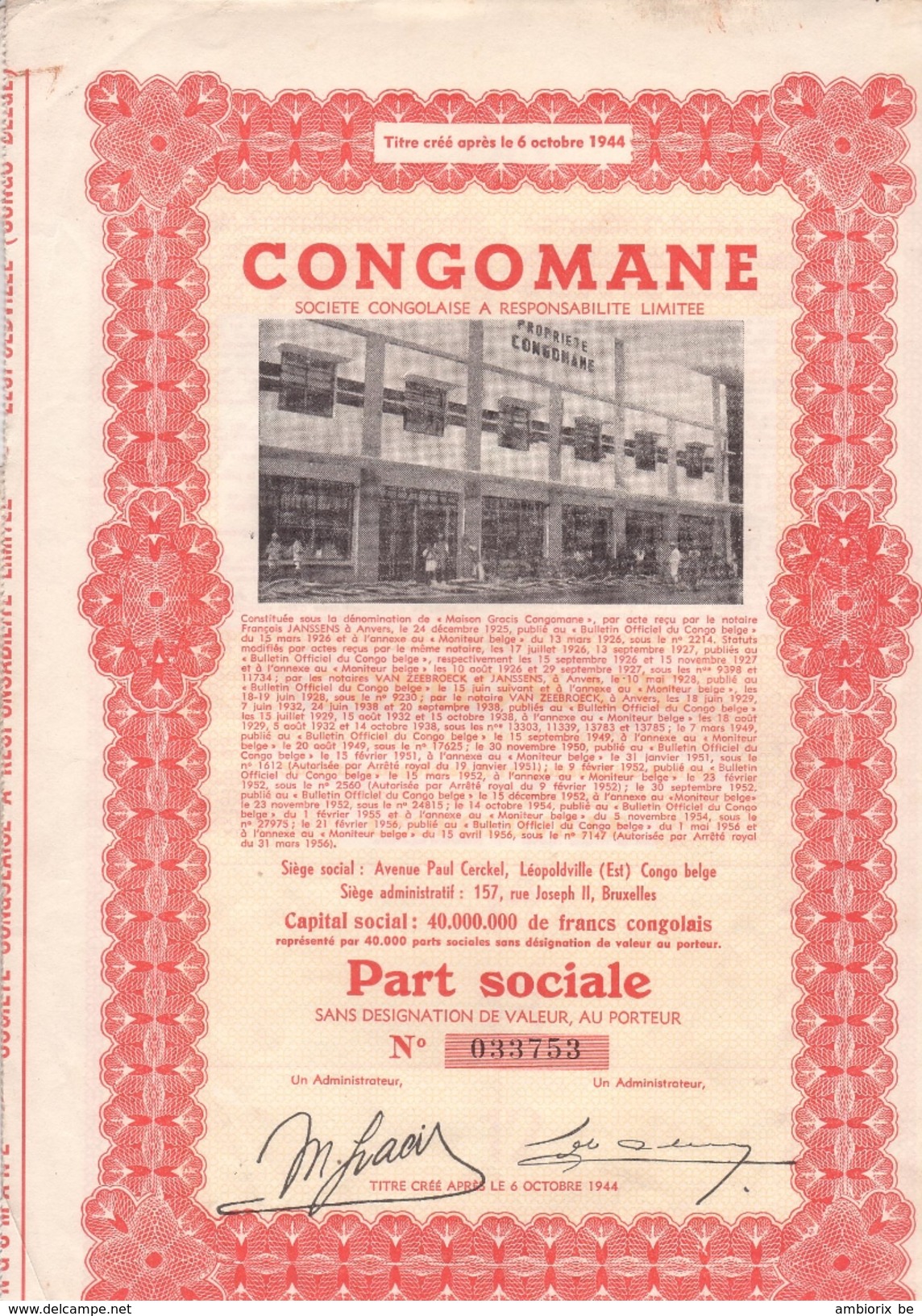 CongoMane - Part Sociale - Capital 40 000 000 Francs Congolais - Africa