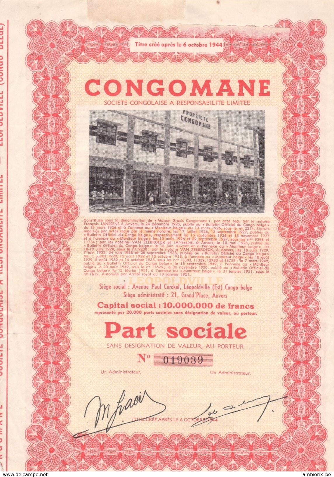 CongoMane - Part Sociale - Capital 10 000 000 Francs - Afrique