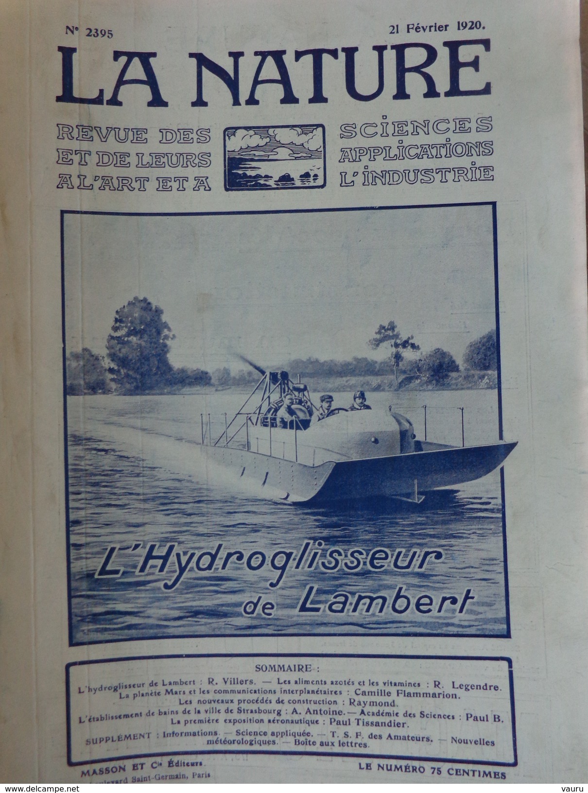 REVUE LA NATURE 2395 1920 L'HYDROGLISSEUR DE LAMBERT BAINS DE STRASBOURG PROCEDES DE CONSTRUCTION - Sciences