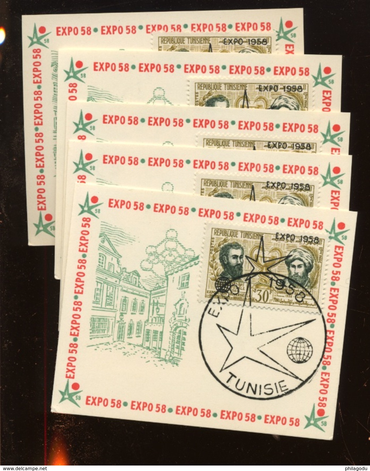 Tunisie Avec Surcharge Spéciale Sur Mini Carton Souvenir Ø  Lot De 5 - 1958 – Bruxelles (Belgio)