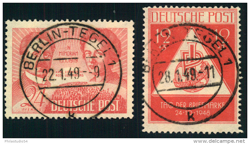 1949, Liebknecht, Luxemburg Und Tag Der Briefmarke Mit Zentrischen Stempeln Von BERLIN-TEGEL - Oblitérés