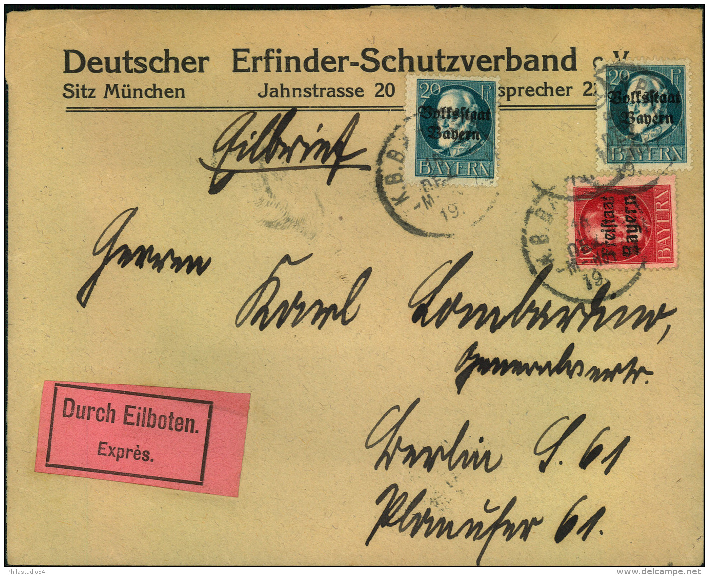 1919, Expressbrief Mit Vordruck ""Deutscher Erfinder-Schutzbund"" Ab MÜNCHEN Nach Berlin. - Lettres & Documents