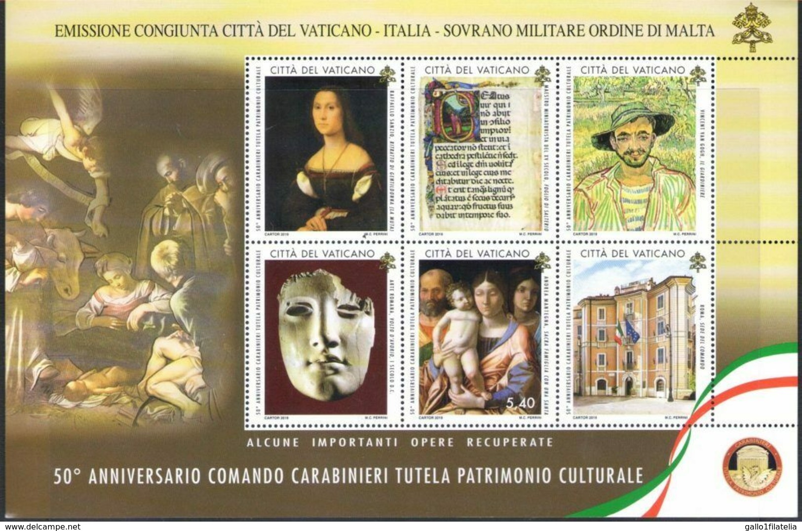 2019 - VATICANO - 50mo ANNIVERSARIO COMANDO CARABINIERI TUTELA DEL PATRIMONIO CULTURALE. MNH - Emissioni Congiunte