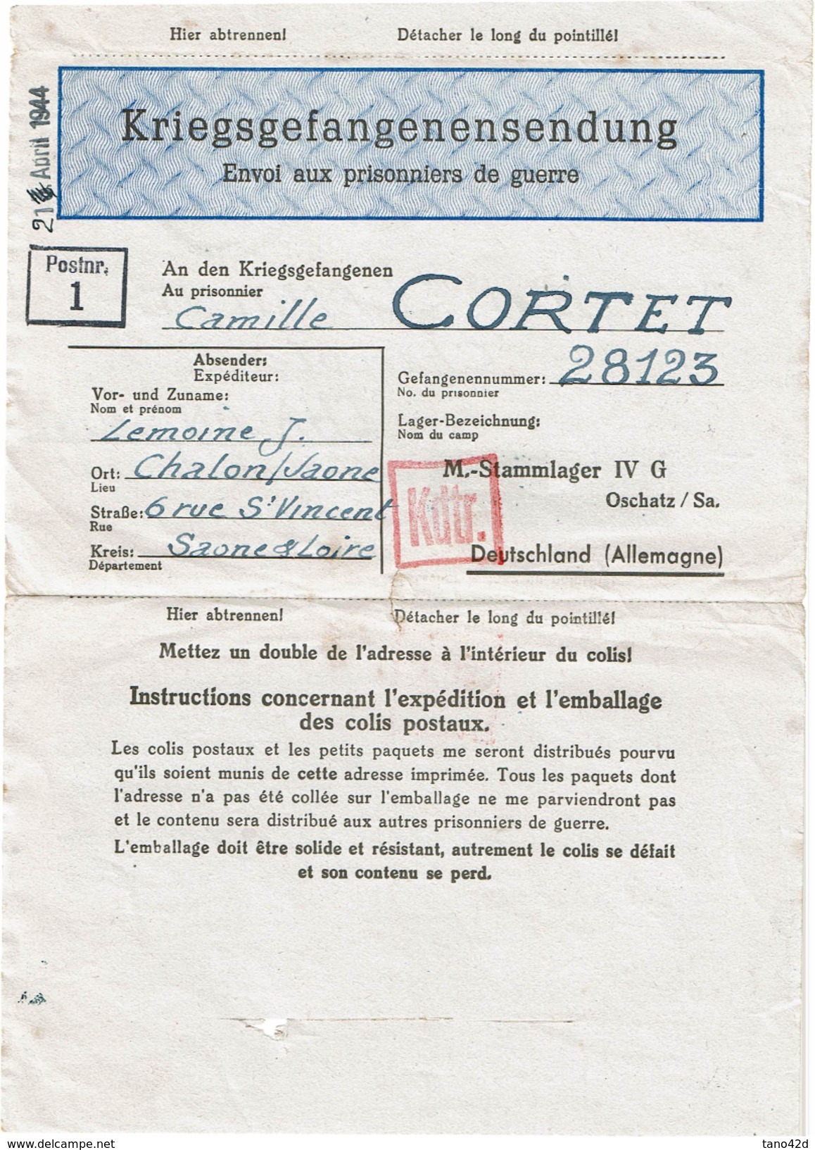 CTN48 - II GM CARTE DE PRISONNIER DE GUERRE - Guerre Mondiale (Seconde)