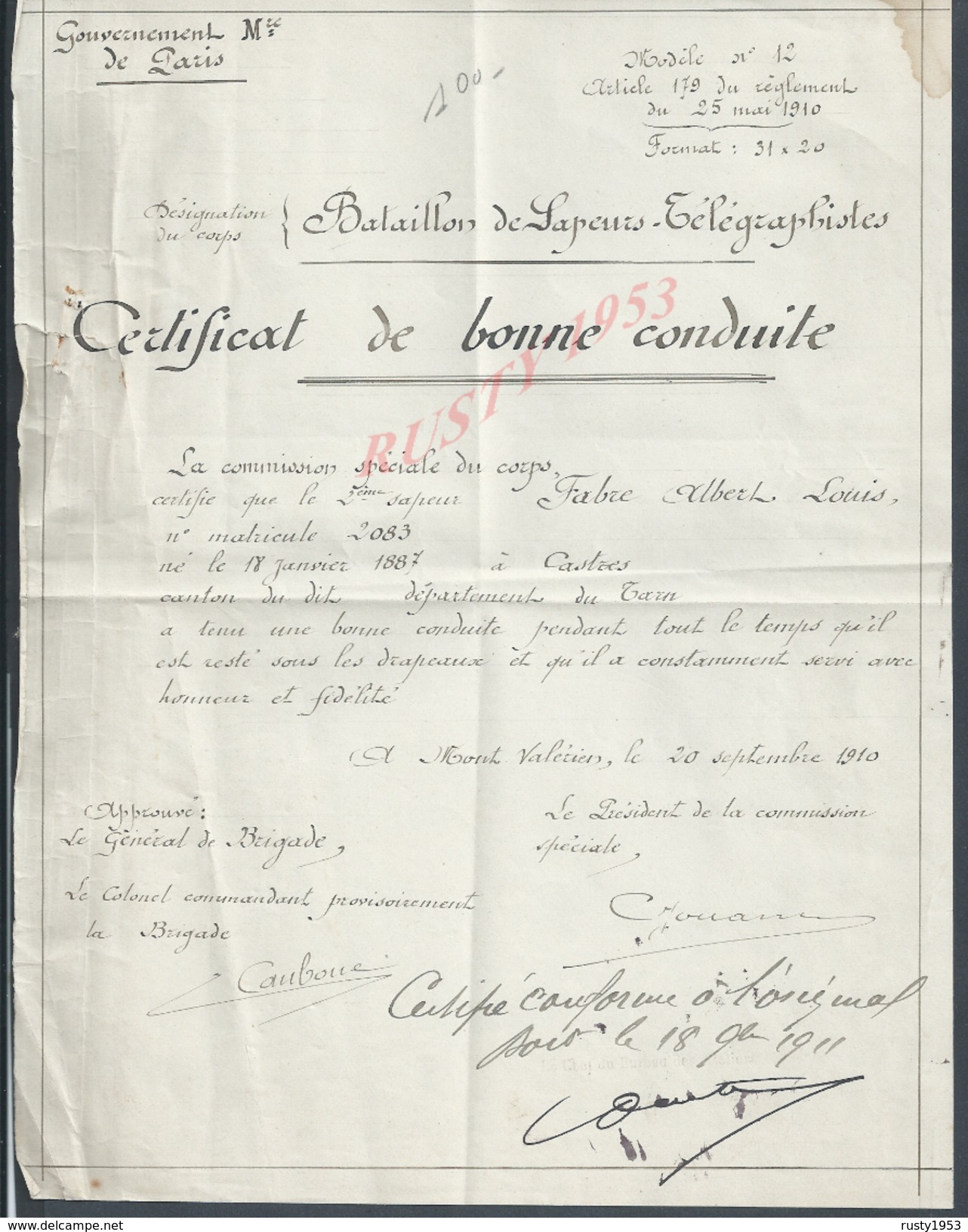 MILITARIA CERTIFICAT DE BONNE CONDUITE SOLDAT FABRE ALBERT LOUIS BATAILLON DE SAPEURS TELEGRAPHISTES MONT VALERIEN 1910 - Documents