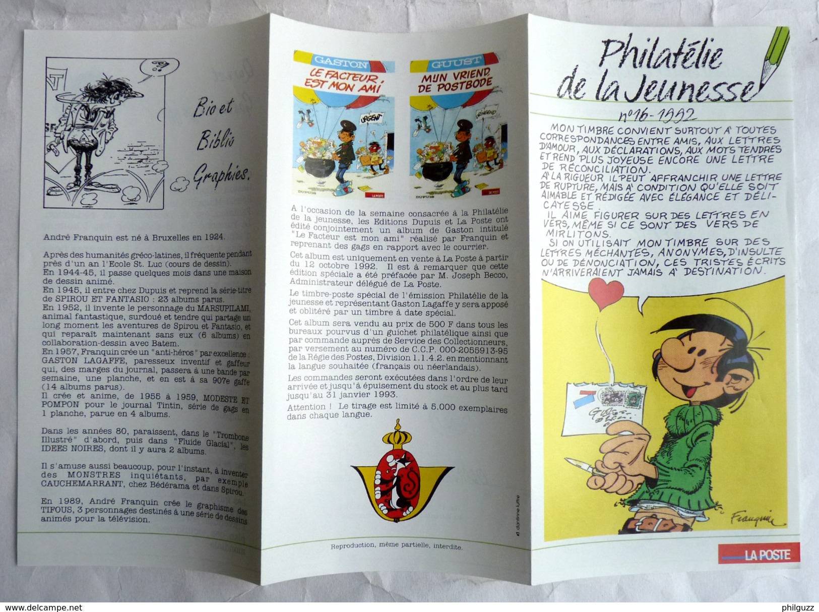 FLYERS Dépliant FRANQUIN GASTON  LA POSTE BELGE 1992 - Oggetti Pubblicitari