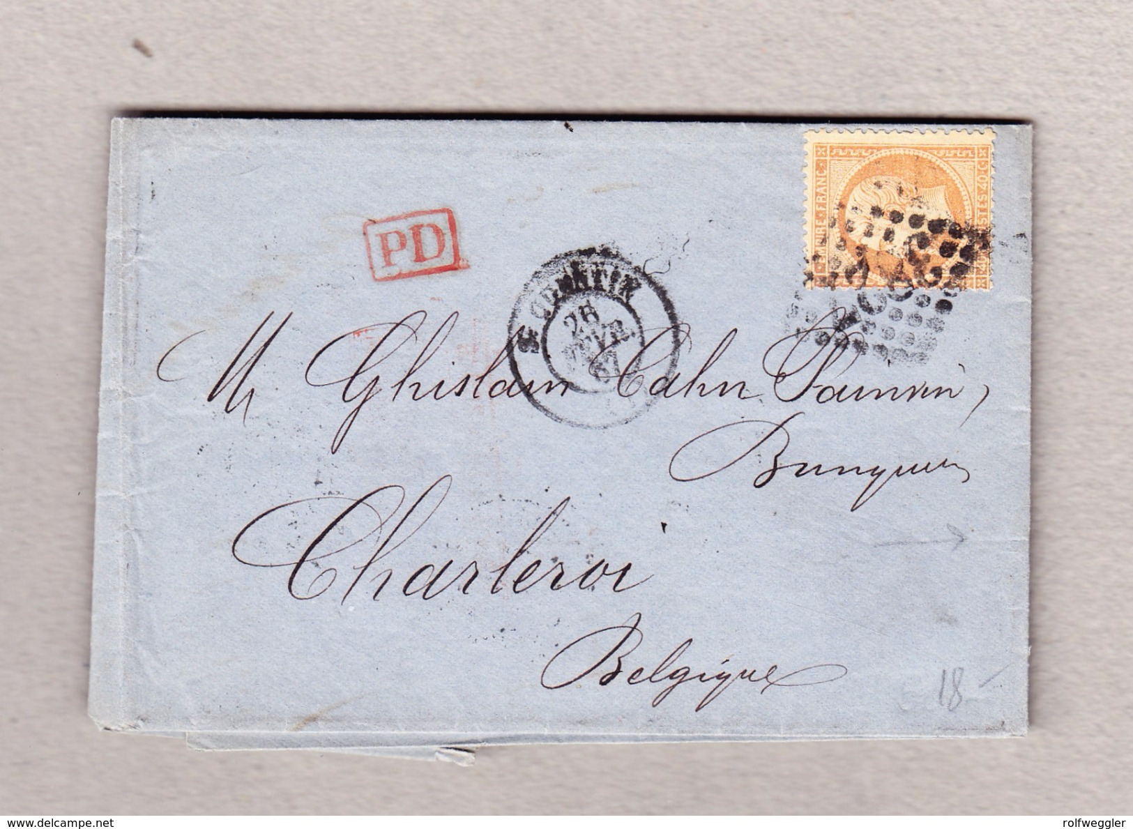 France Lettre 26.2.1857 St Quentin 40c Napoléon III Obl GC #3827 Pour Charleroi Belgique - 1853-1860 Napoléon III