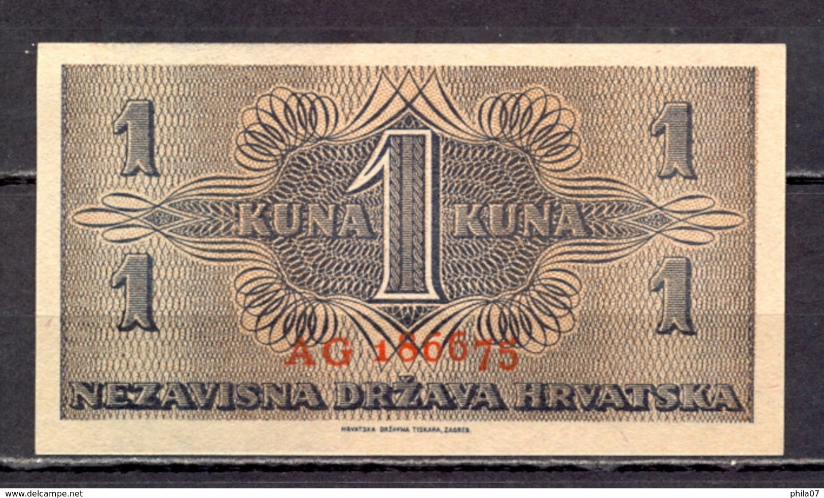 Croatia (NDH) WWII - 1 Kn UNC, Two Letters In Serial Number / 2 Scans - Croatia