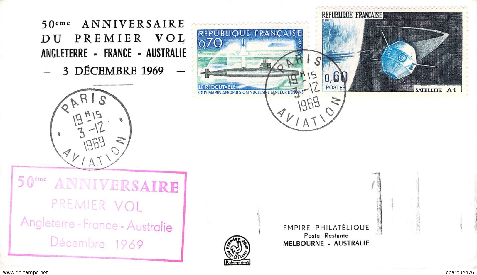 Lettre Poste Aérienne 1er Vol Angleterre France Australie 1969 Circulée 2 Timbres 0,70 Le Redoutable 0,60 Satellite 1 - 1960-.... Briefe & Dokumente