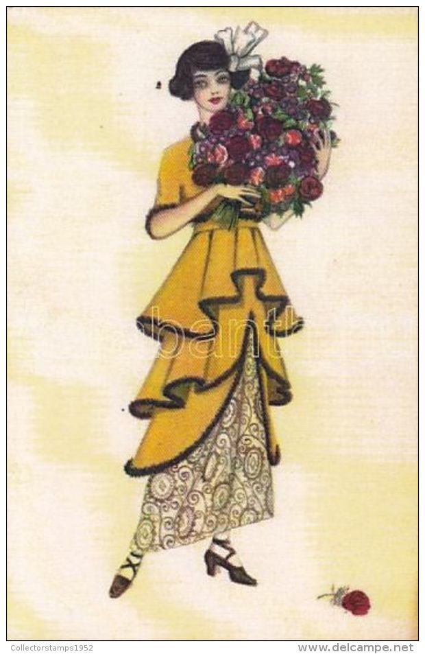 57060- MELA KOEHLER- WOMAN WITH ROSES BOUQUET, ILLUSTRATION, REPRINT - Koehler, Mela