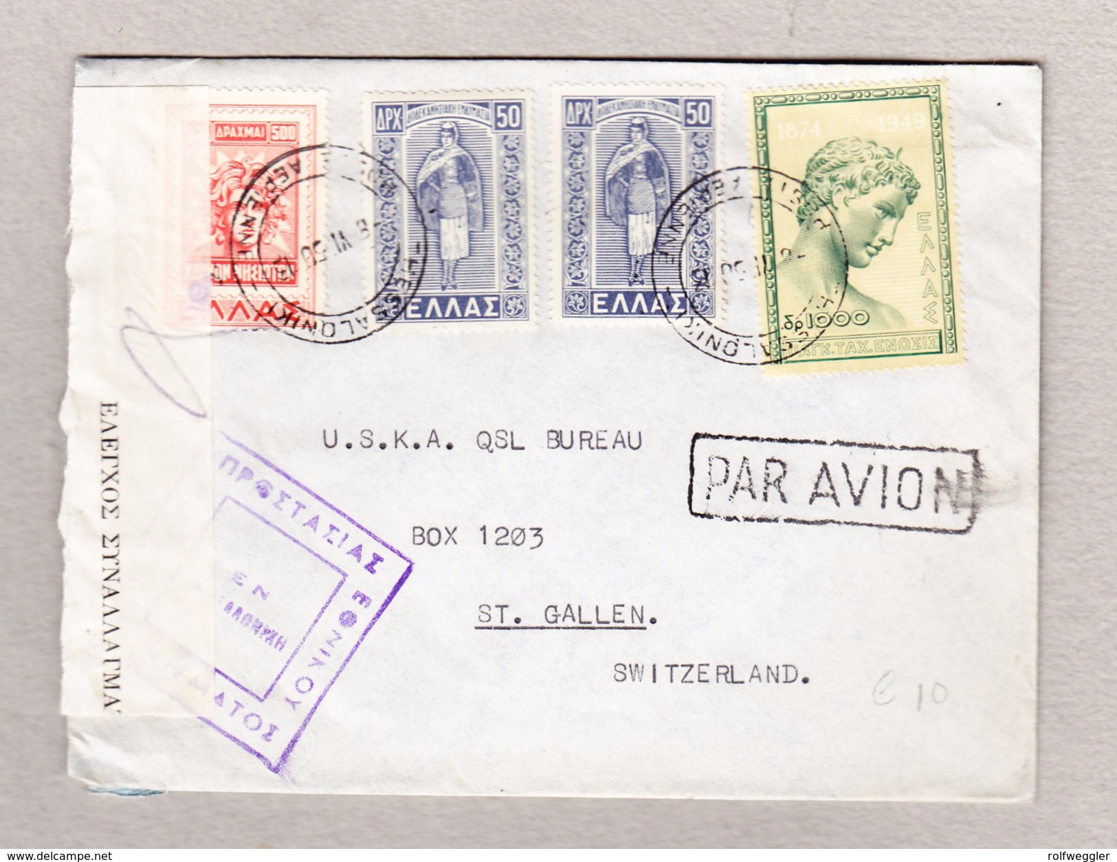 Griechenland Zensur Luftpost Brief Thessaloniki 8.6.1950 Nach St Gallen - Lettres & Documents