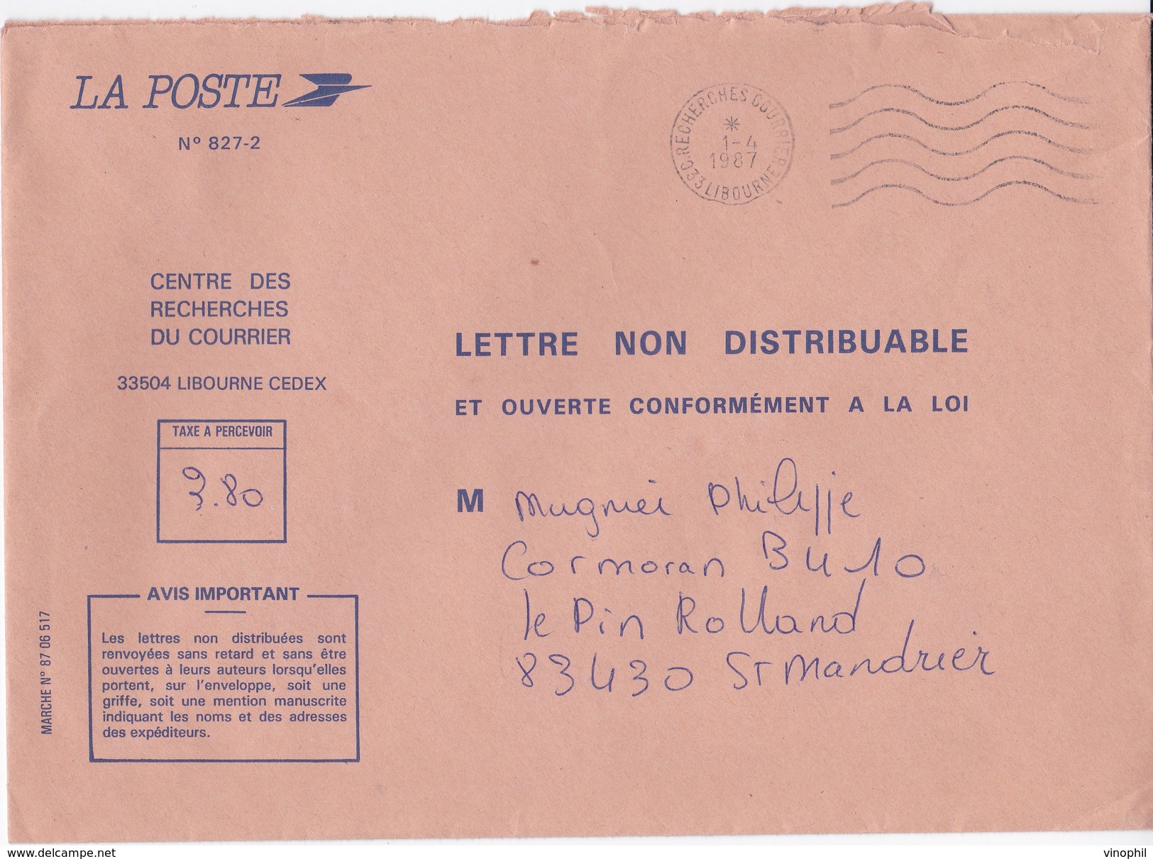 LETTRE NON DISTRIBUABLE ET OUVERTE CONFORMEMENT A LA LOI TAXEE A 3.80 LIBOURNE EN 1987 - 1961-....