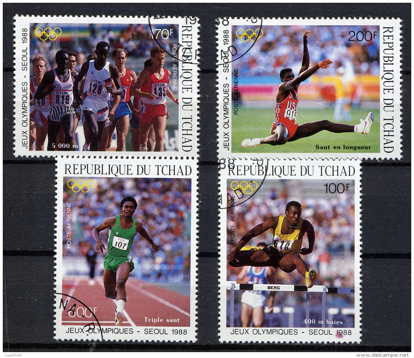 TCHAD 1988, J.O. SEOUL, 400 M HAIES,  5000 M, SAUT EN LONGUEUR, TRIPLE SAUT, 10000 M, 4 Valeurs, Oblitérés / Used. R034 - Summer 1988: Seoul