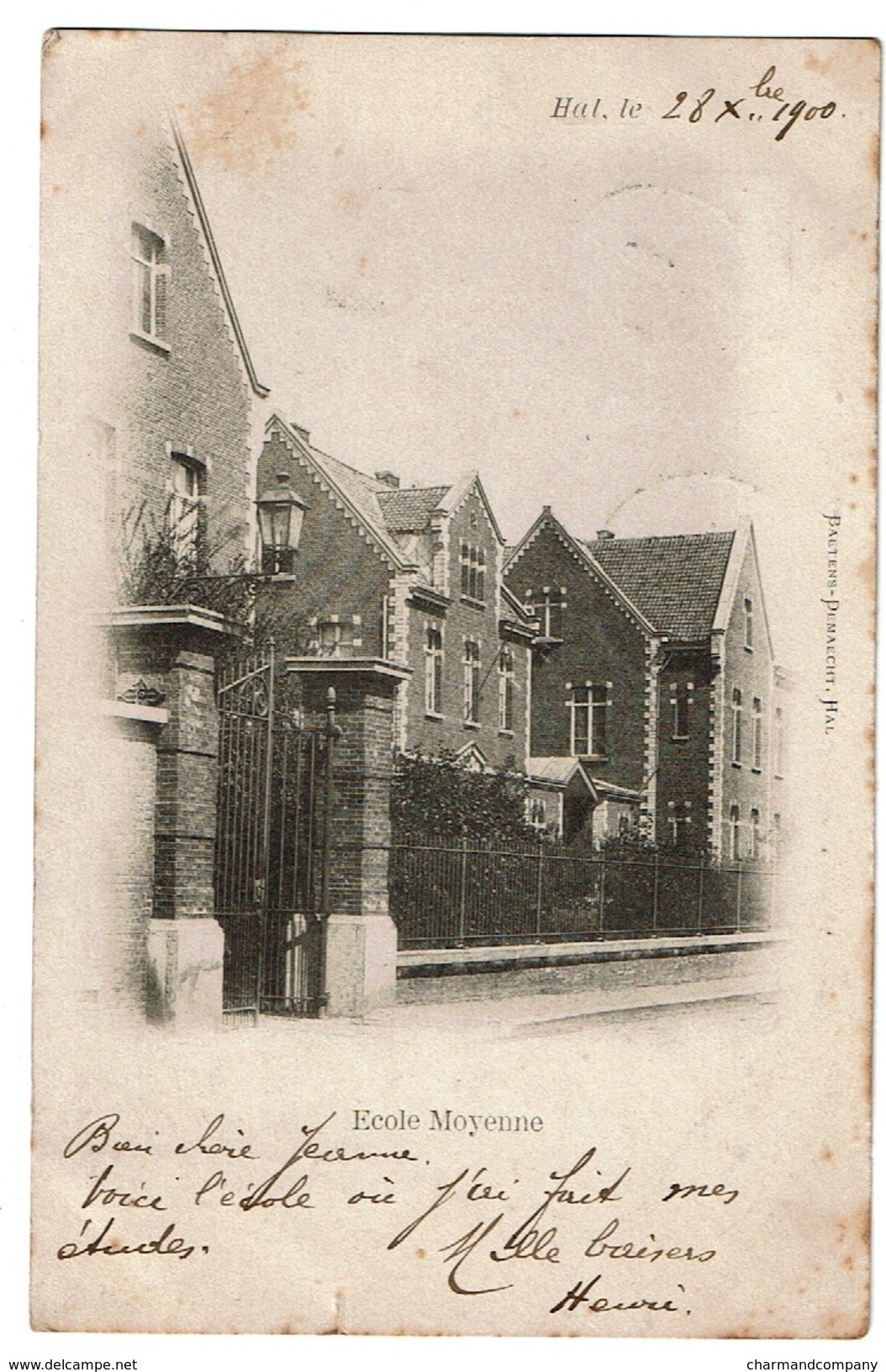 Hal, Ecole Moyenne, Circulée En 1900 De Hal à Vieux-Dieu, Edit. Baetens-Demaecht, Hal - 2 Scans - Halle