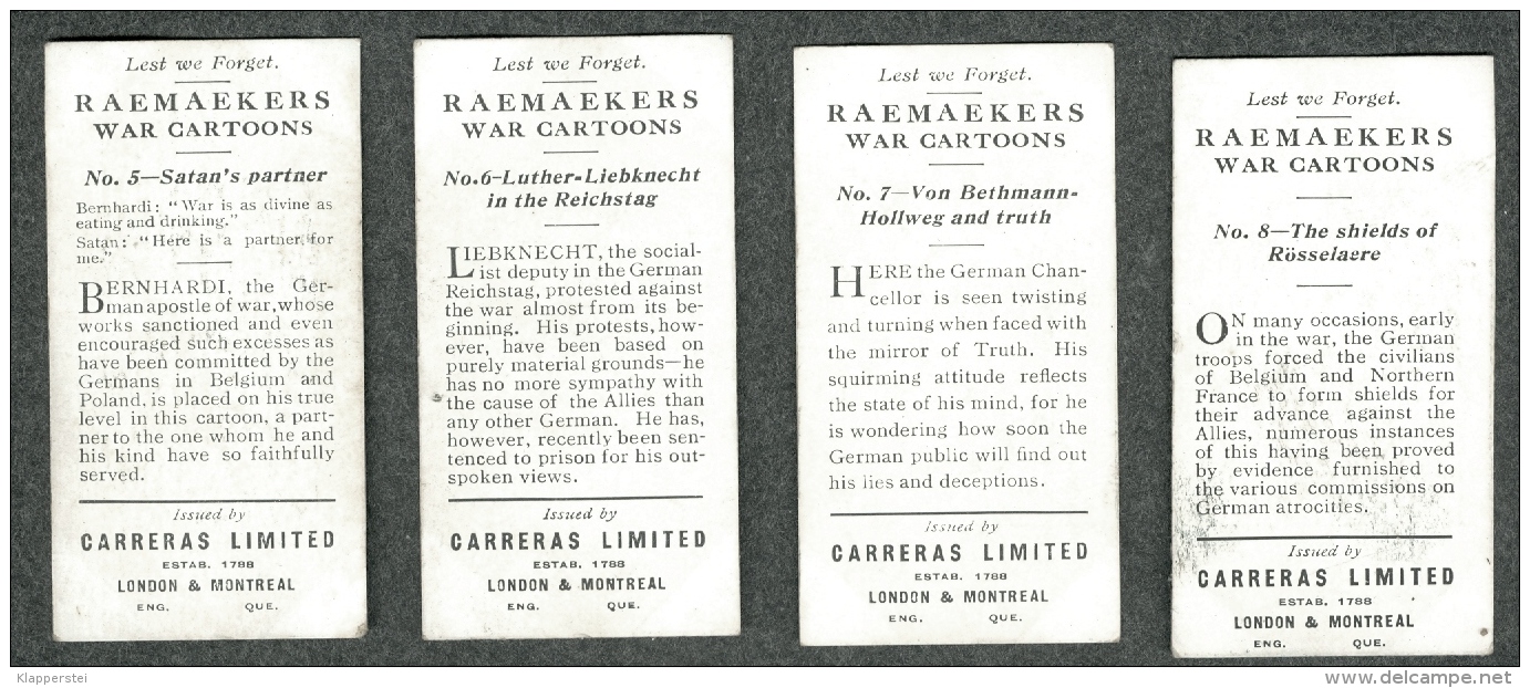 4 Original Cards From Carreras Black Cat Raemaekers WW1 War Cartoons 1916 - Other & Unclassified