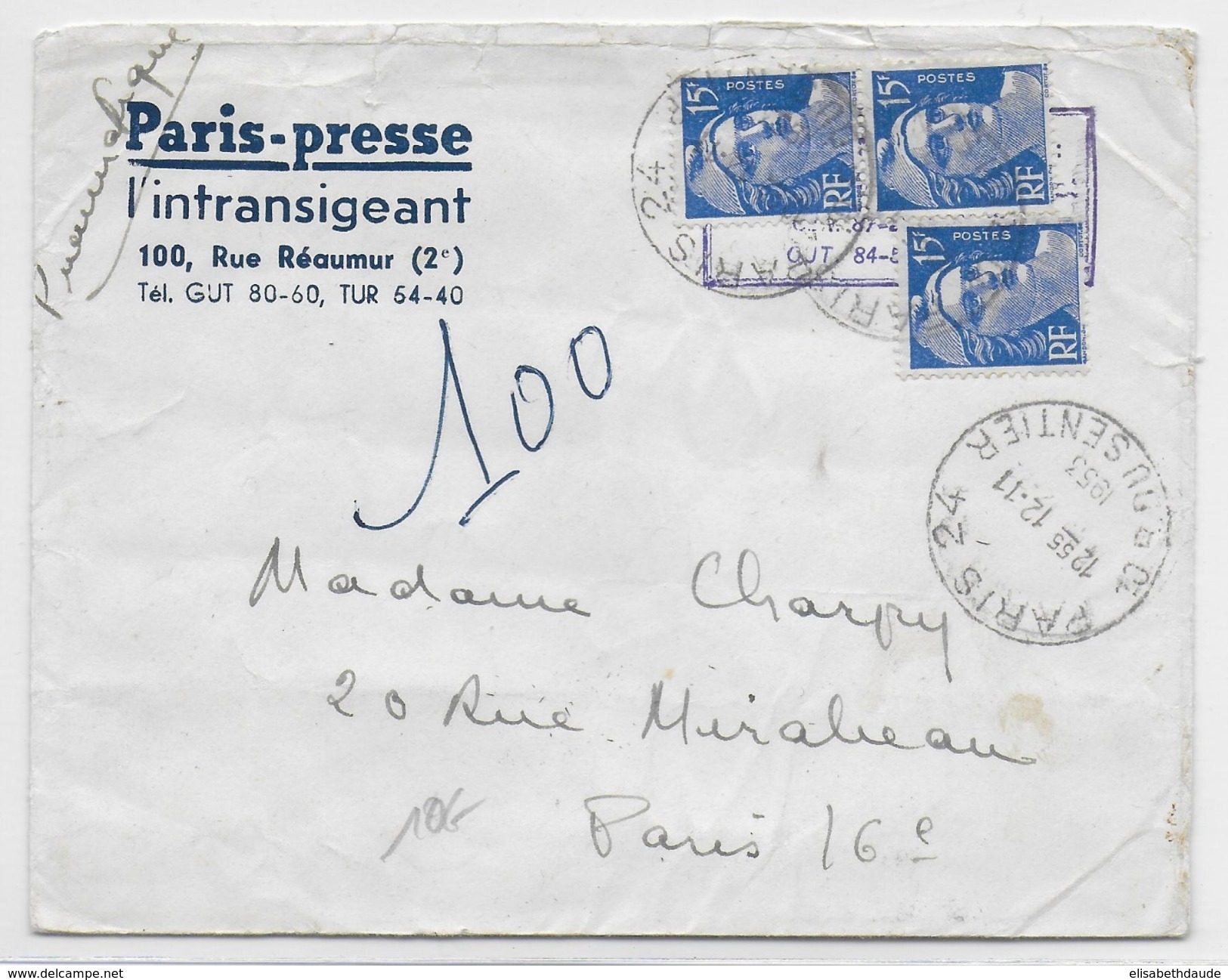 1953 - ENVELOPPE De PRESSE Par PNEUMATIQUE De PARIS Avec GANDON - 1945-54 Marianna Di Gandon