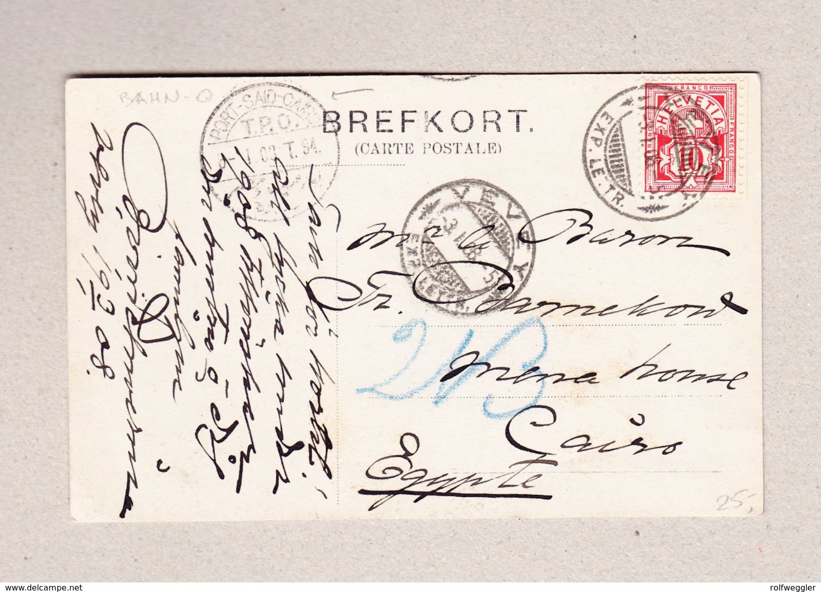 Ägypten Bahnstempel 8.1.1908 Port-Said - Cairo T.P.O. Auf Ansichtskarte Aus Vevey - 1866-1914 Khédivat D'Égypte