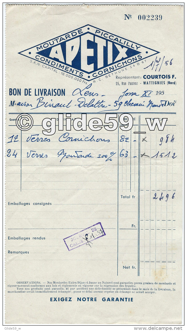 Bon De Livraison N° 002239 - Moutarde, Piccalilly, Condiments, Cornichons - APETIX - Wattignies Le 01-07-1957 (à M. BINA - 1950 - ...