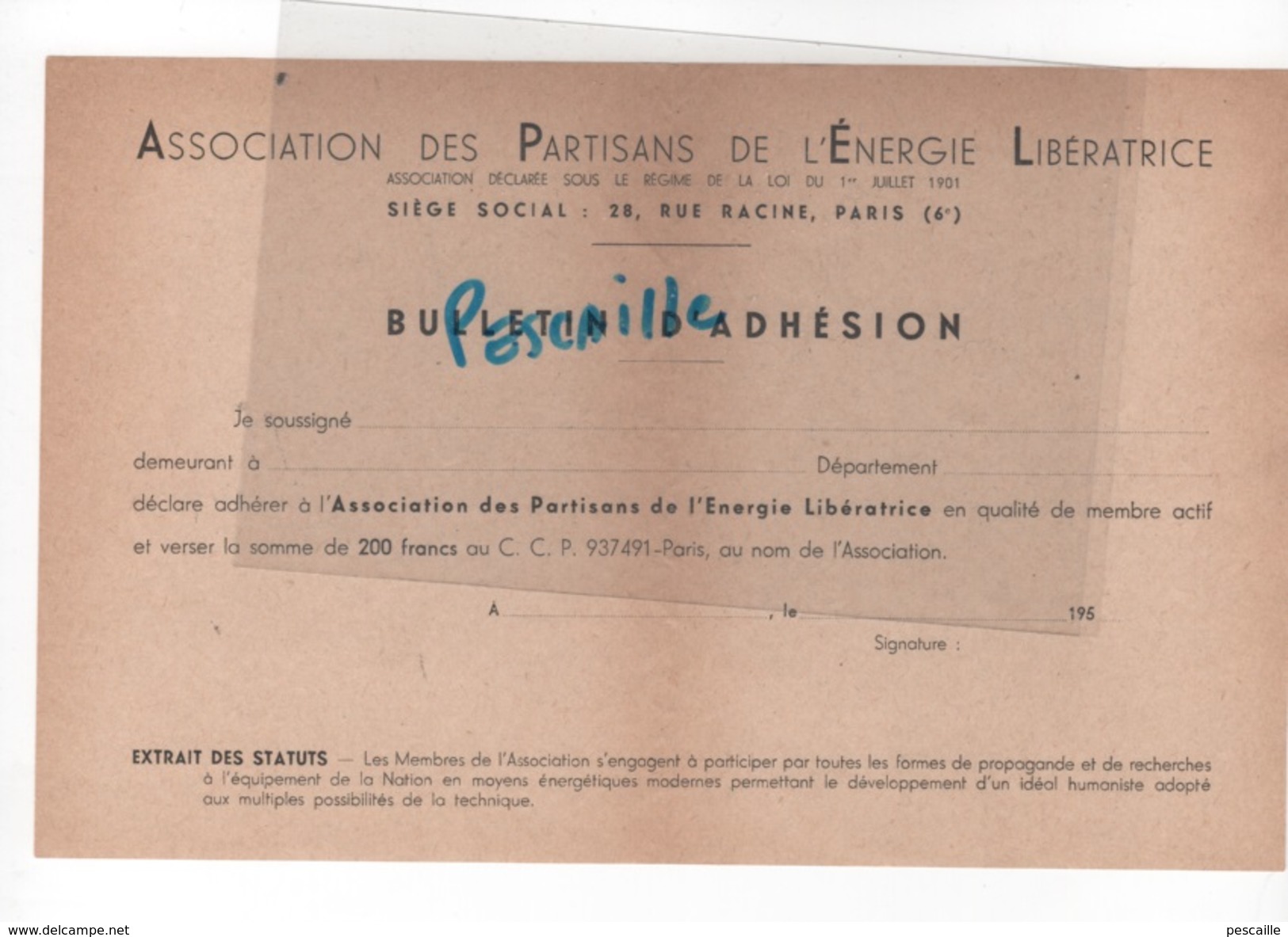 FRANC MACONNERIE - BULLETIN D'ADHESION ASSOCIATION DES PARTISANS DE L'ENERGIE LIBERATRICE - GRAND ORIENT DE FRANCE - Historische Dokumente