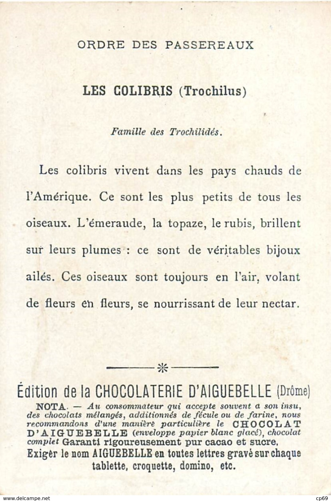 Chromo Chocolat D'Aiguebelle (13) Le Monde Des Oiseaux Ordre Des Passereaux : Les Colibris Texte Au Dos - Aiguebelle