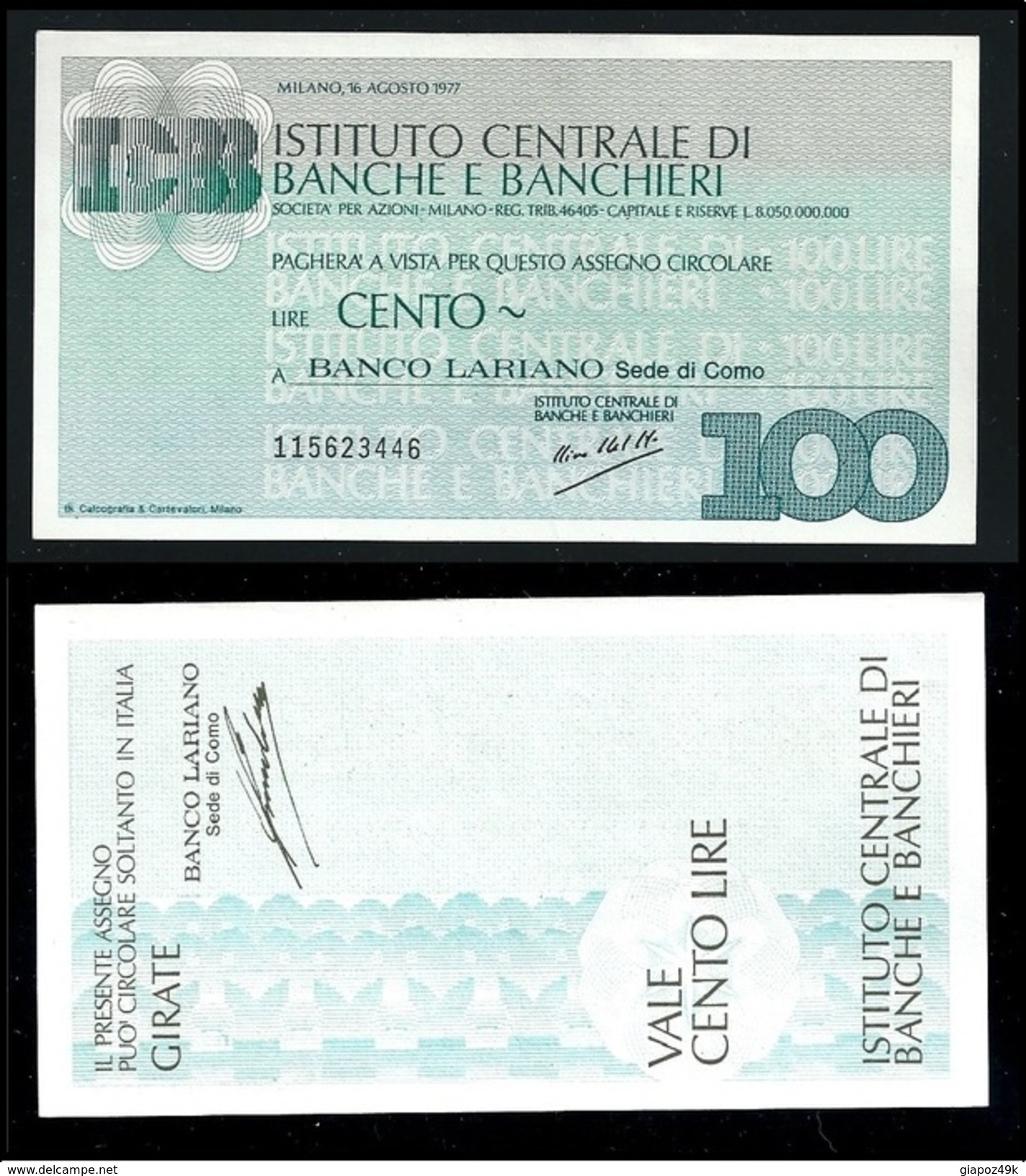 ITALIA 1977 - Mini Assegno - Istituto Centrale Di Banche E Banchieri -  N.°  72 - L. 100 - FDS - [10] Checks And Mini-checks