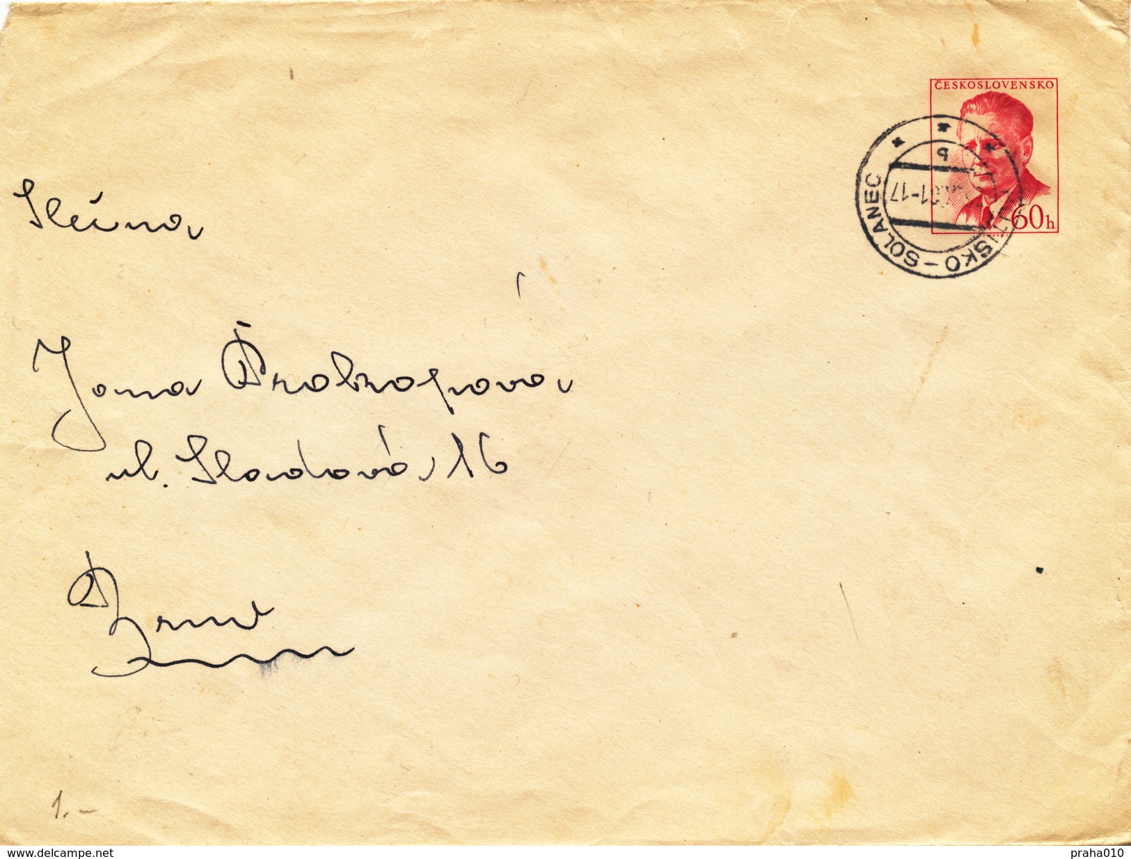 L3484 - Czechoslovakia (1961) Hutisko-Solanec (Postal Stationery: Pres. Antonin Novotny (1904-1975)), Handmade Postmark - Enveloppes
