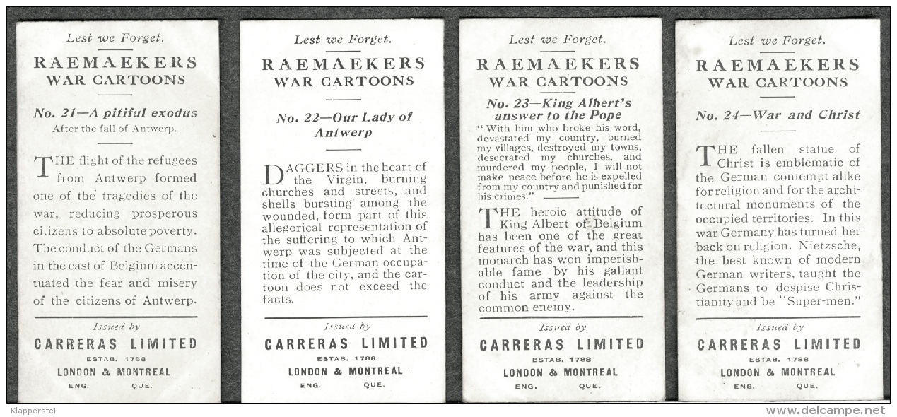 4 Original Cards From Carreras Black Cat Raemaekers WW1 War Cartoons 1916 - Other & Unclassified