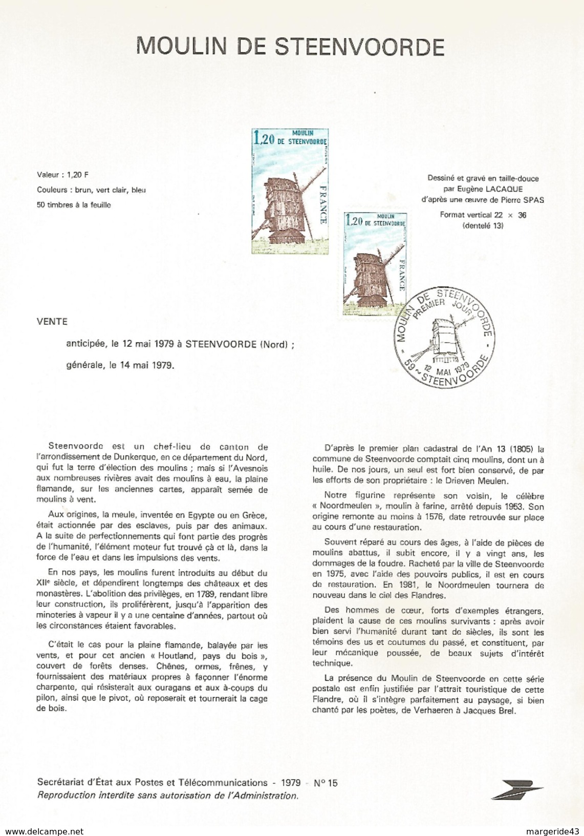 NOTICE PTT 1979 MOULIN DE STEENVOORDE - Documentos Del Correo