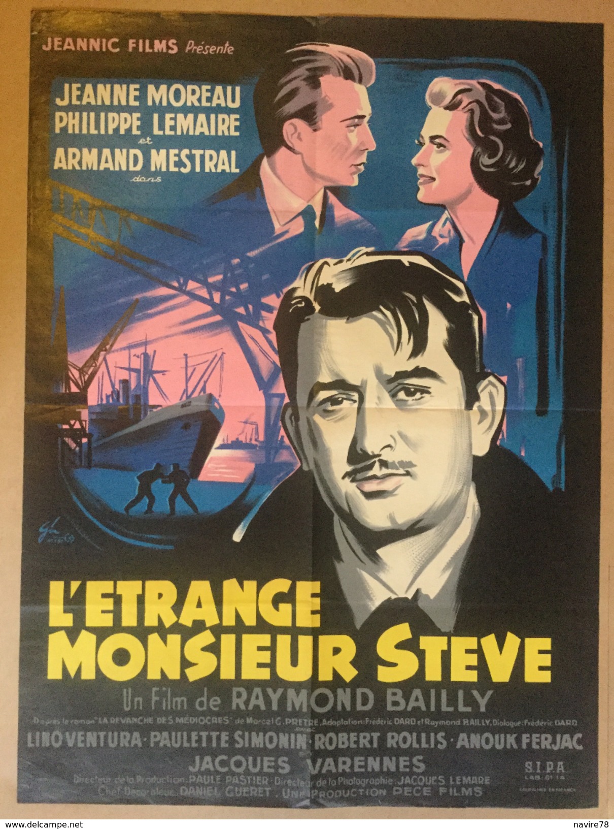 Affiche Cinéma Originale Du Film L'ETRANGE MONSIEUR STEVE De RAYMOND BAILLY 1956 Avec JEANNE MOREAU Et LINO VENTURA - Affiches & Posters