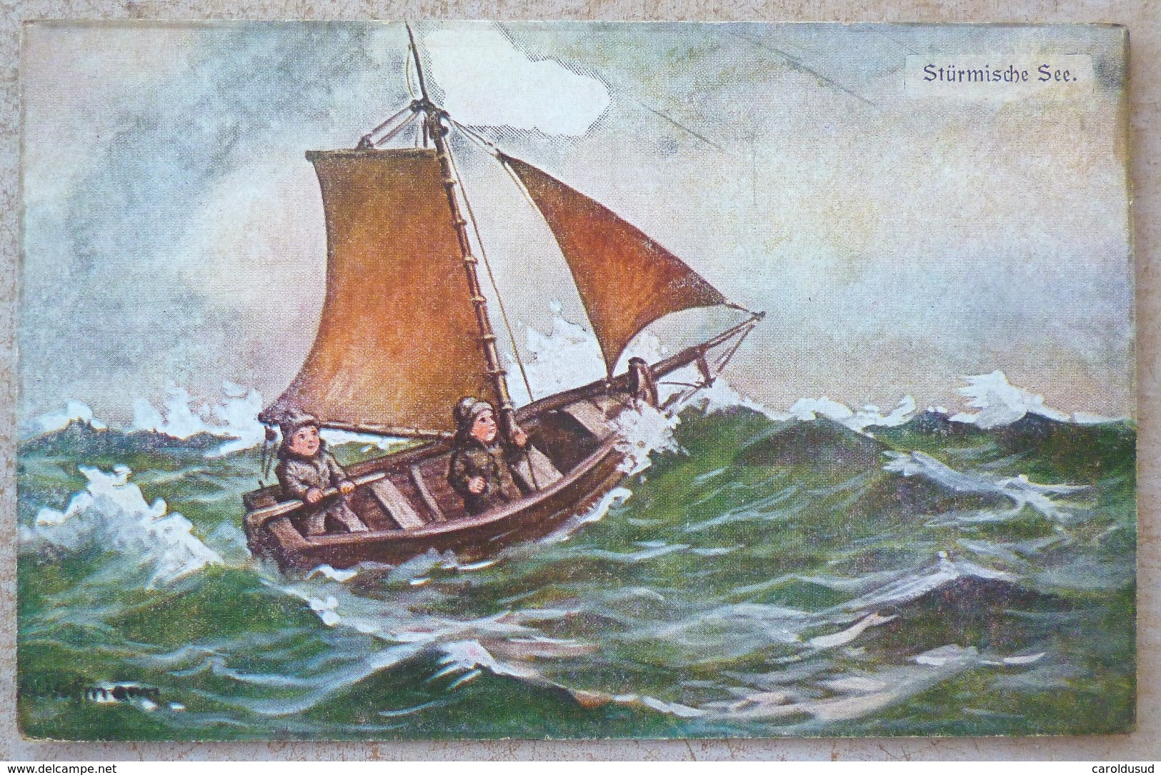 Litho Chromo Illustrateur WSSB W.S.S.B. HOFFMANN Enfant Duo Garcon Pecheur Sur Barque VOILE Mer Vagues Sturmische See - Hoffmann, Ad.