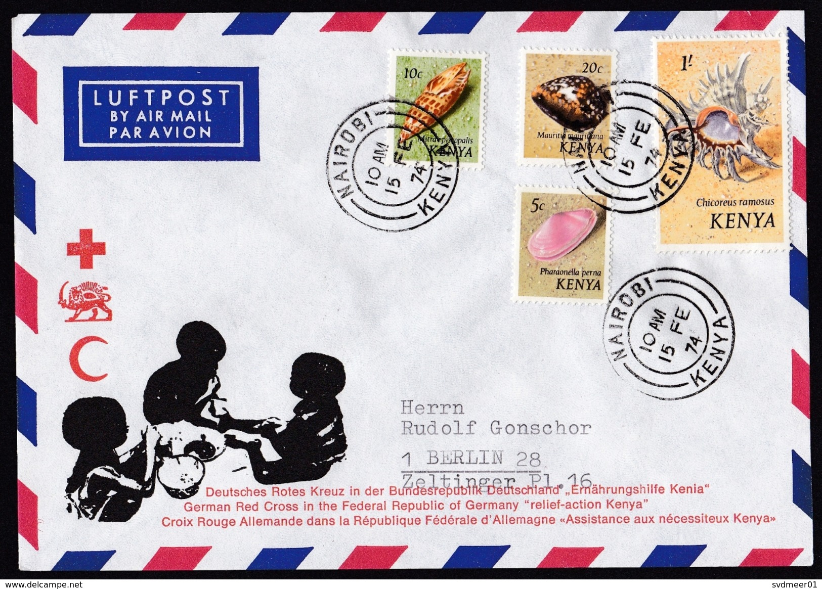 Kenya: Airmail Cover To Germany, 1974, 4 Stamps, Shells, Sent By German Red Cross Relief Action (traces Of Use) - Kenia (1963-...)