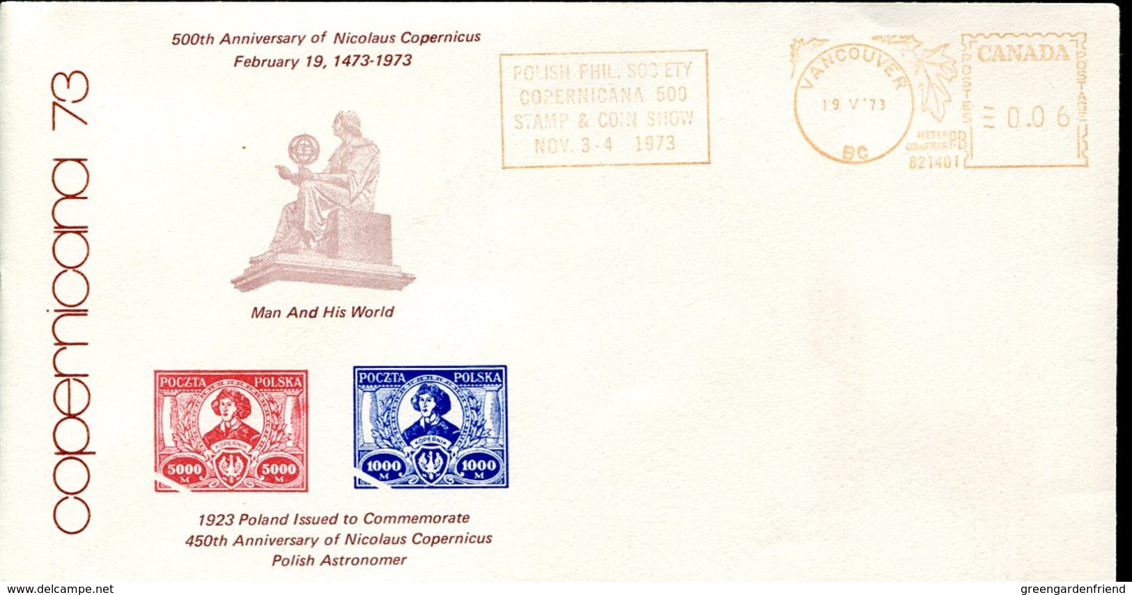 19314 Canada, Cover With Red Meter/freistempel/ema 1973 Vancouver, Nicolas Copernic, Kopernikus,copernicus,kopernika - Astronomy