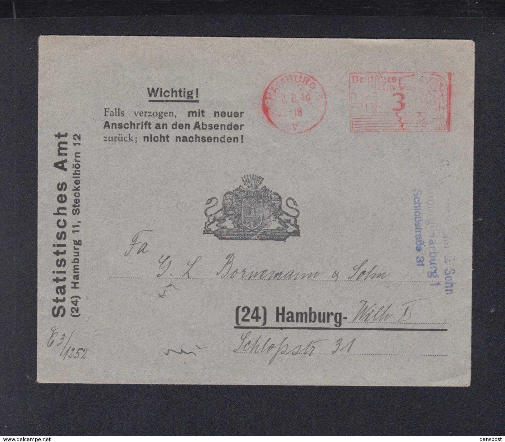 Dt. Reich Brief 1944 Statistisches Amt Hamburg - Storia Postale