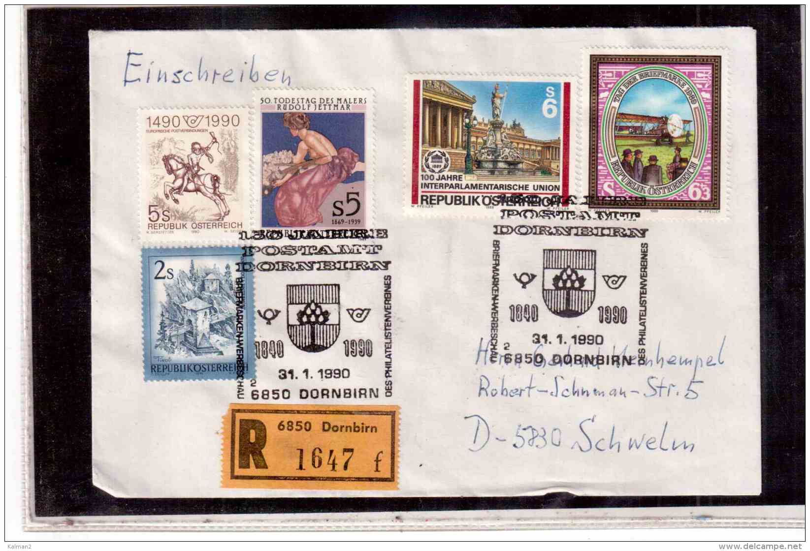 TEM9085   -   DORNBIRN 31.1.90   /   REGISTERED COVER WITH INTERESTING POSTAGE  -  150 JAHRE POSTAMT DORNBIRN - Post