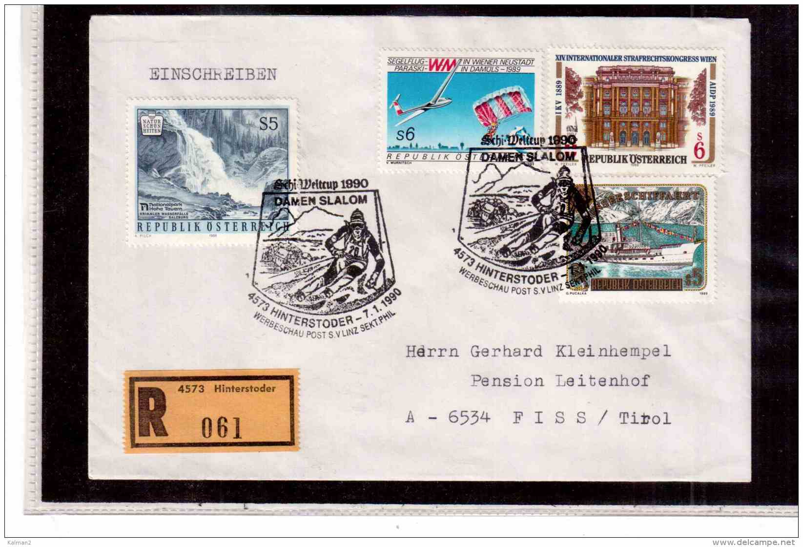 TEM9086   -   HINTERSTODER 7.1.90   /   REGISTERED COVER WITH INTERESTING POSTAGE  -  DAMEN SLALOM - Ski