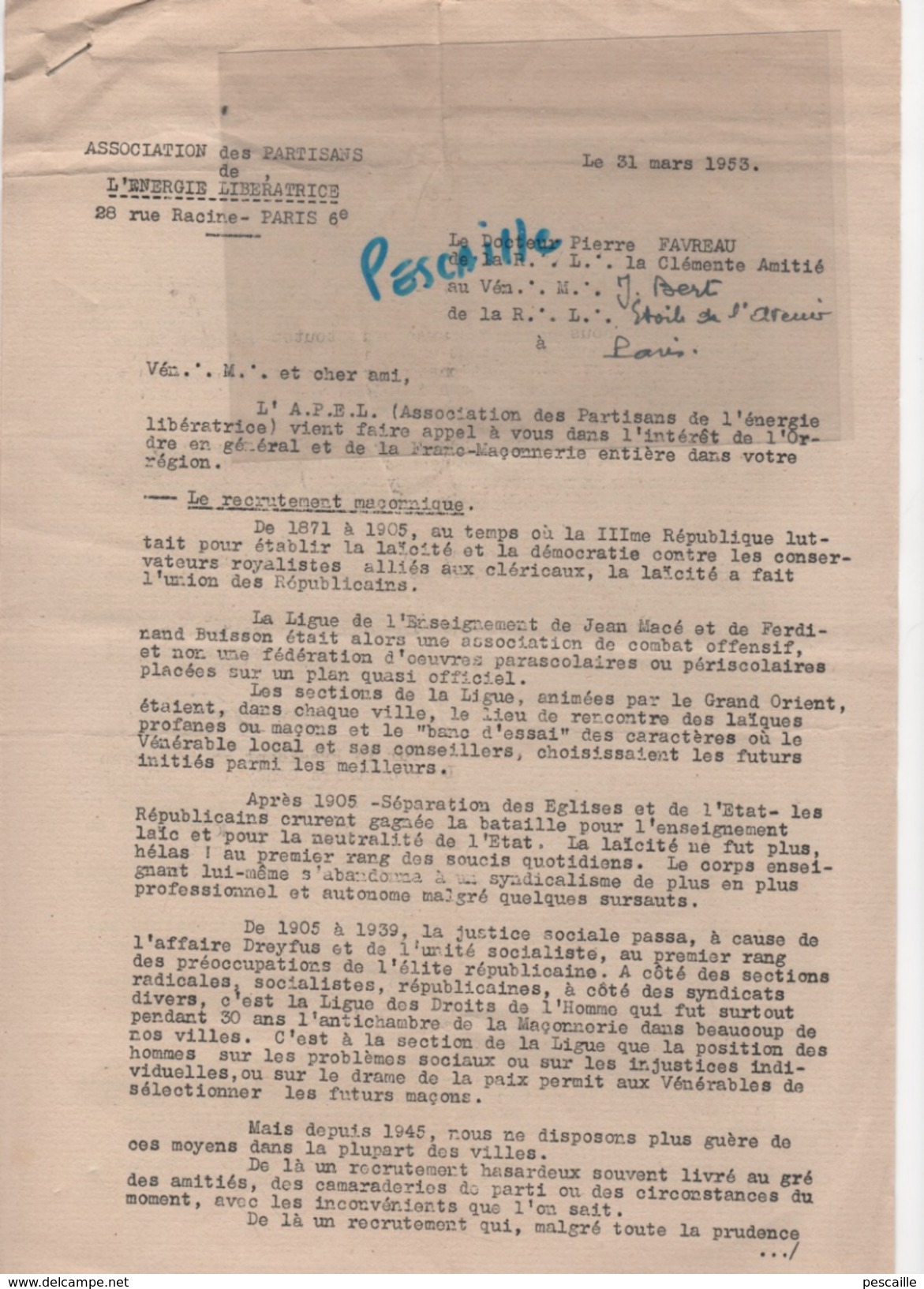 FRANC MACONNERIE - LETTRE ASSOCIATION DES PARTISANS DE L'ENERGIE LIBERATRICE 1953 - GRAND ORIENT DE FRANCE - Documentos Históricos