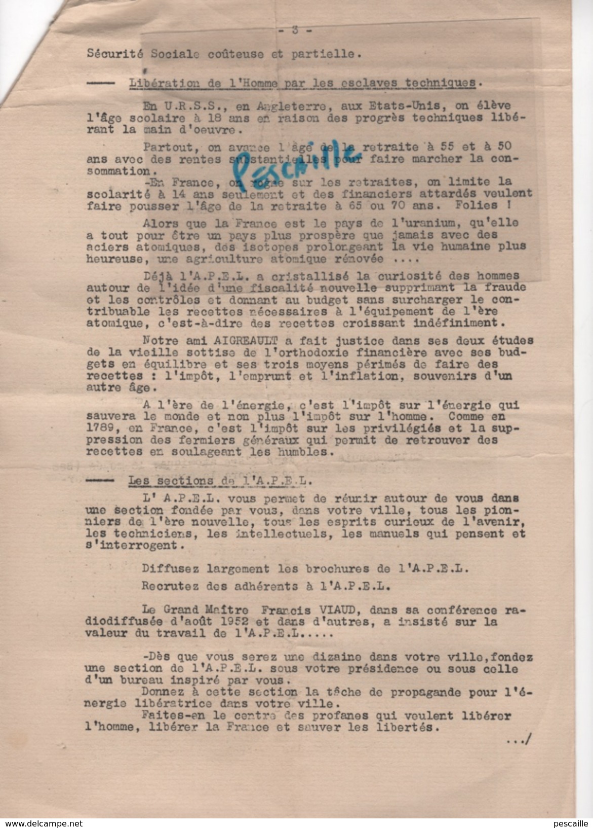 FRANC MACONNERIE - LETTRE ASSOCIATION DES PARTISANS DE L'ENERGIE LIBERATRICE 1953 - GRAND ORIENT DE FRANCE - Documents Historiques