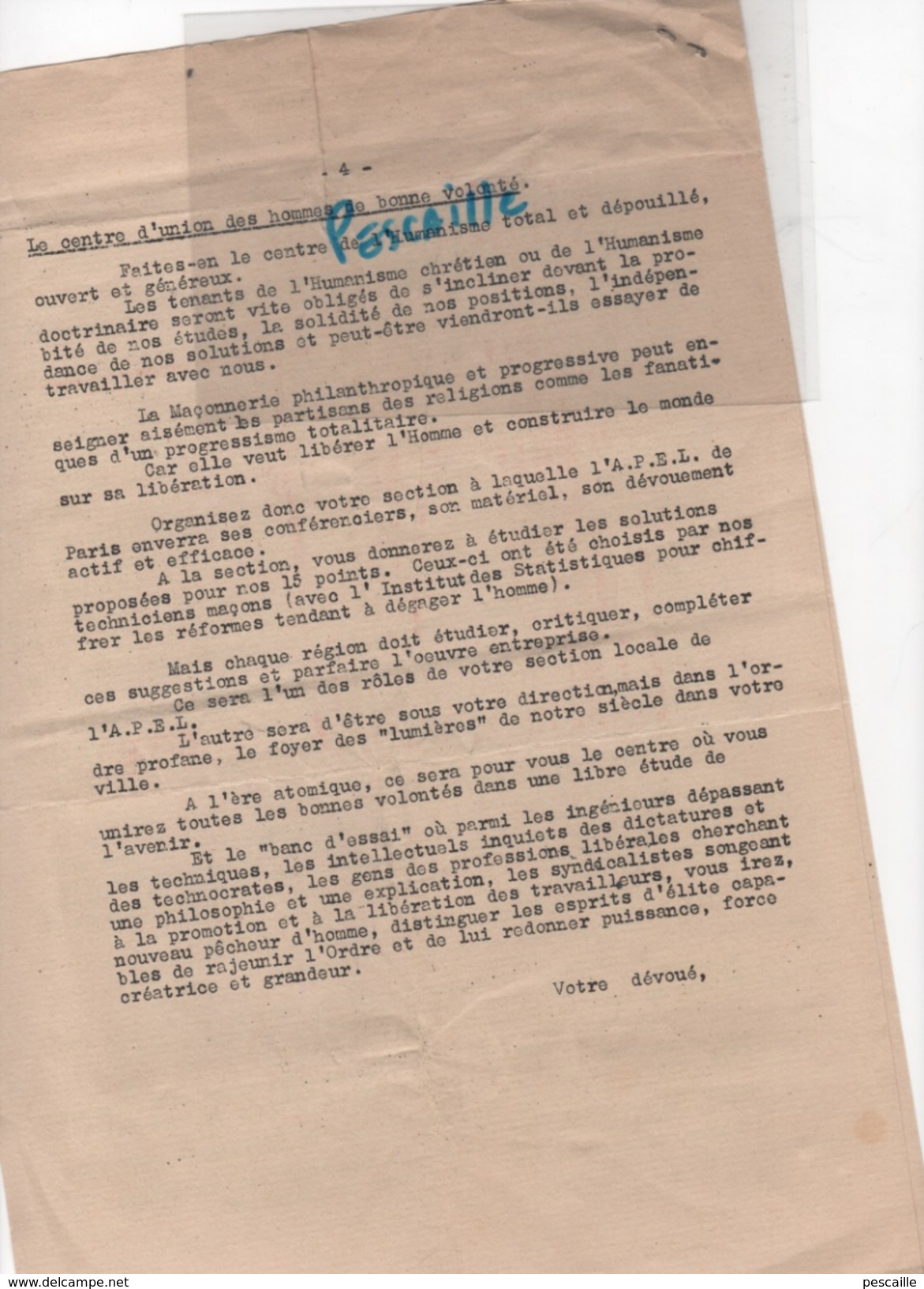 FRANC MACONNERIE - LETTRE ASSOCIATION DES PARTISANS DE L'ENERGIE LIBERATRICE 1953 - GRAND ORIENT DE FRANCE - Documentos Históricos