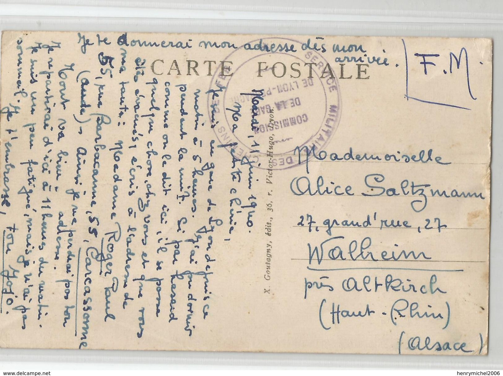 Marcophilie - Lyon Cachet Service Militaires Des Cheminots Commission De La Gare ...11/06/1940 En Fm - Guerre De 1939-45