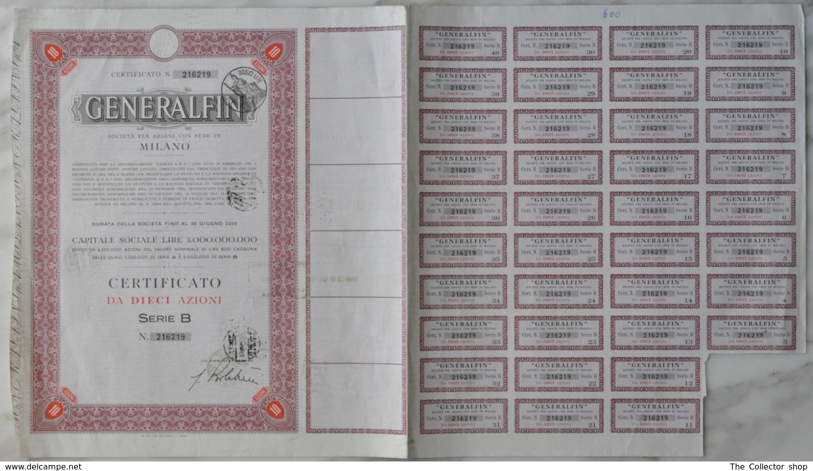 Certificato 10 Azioni "generalfin" Milano 1962 - Banque & Assurance