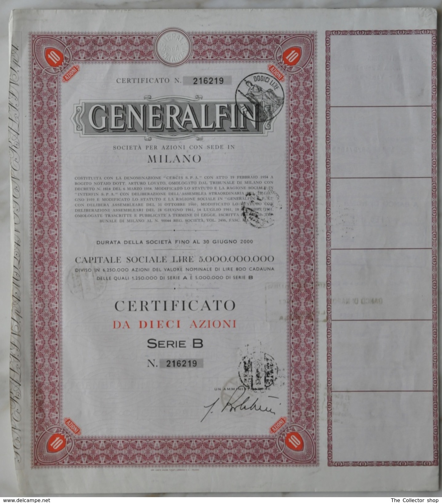 Certificato 10 Azioni "generalfin" Milano 1962 - Banque & Assurance